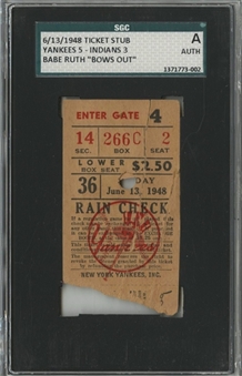 1948 New York Yankees Ticket Stub - Ruths Final Appearance at Yankee Stadium (SGC Auth)